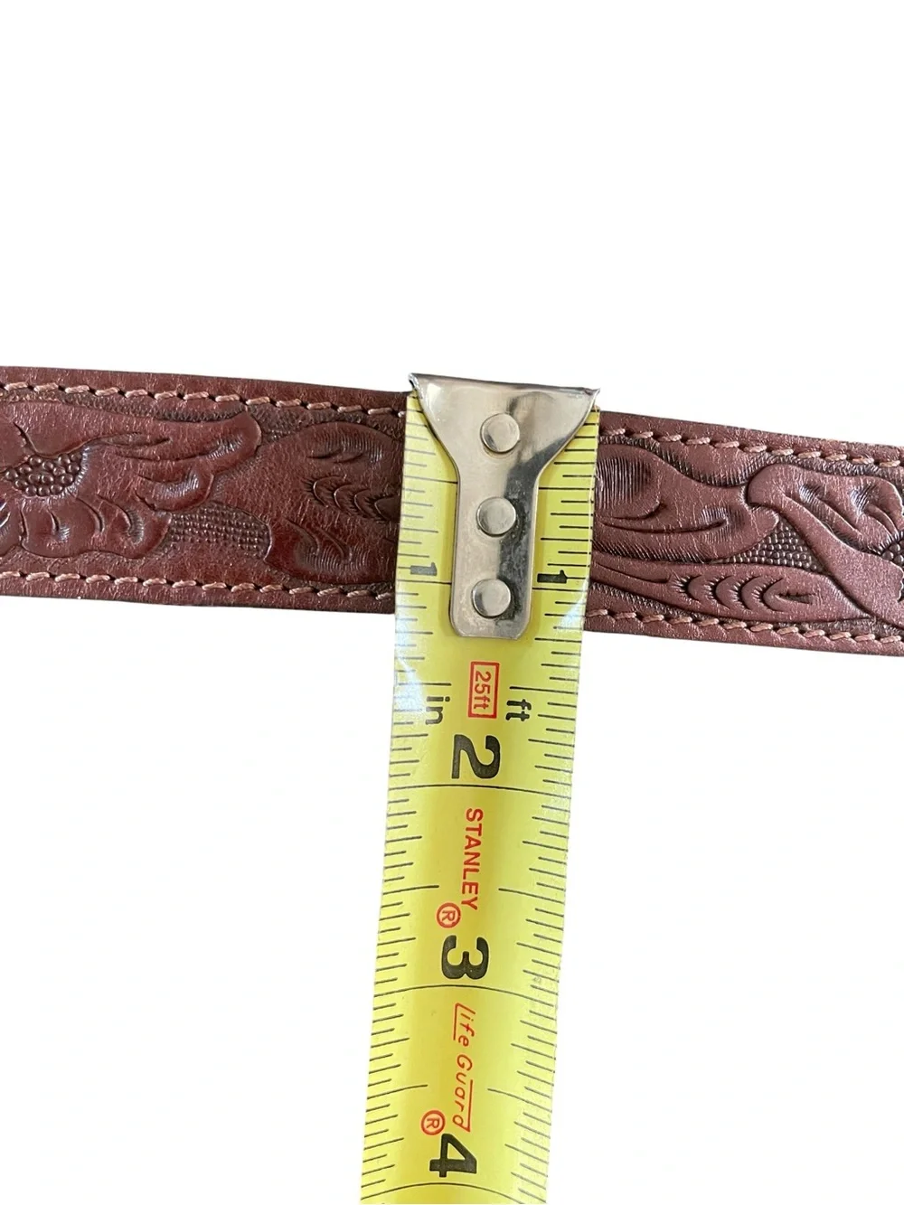 Brown Leather Floral Print Tooled Belt with Gold Finish Country Western Boho
